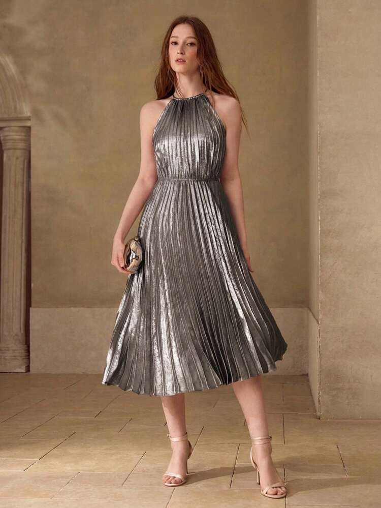 FASHIONABLE METAL COATED PLEATED HALTER TIE BACK MIDI DRESS