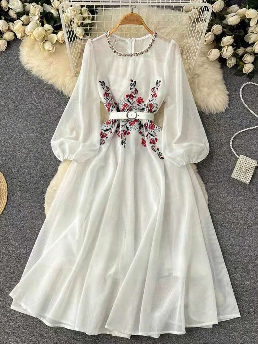 GlowEve Đầm dài voan mỏng tay phồng thêu hoa thanh lịch dành cho nữ, có thắt lưng, thích hợp cho mùa xuân, hè, thu. - Nhiều màu - Xem 1
