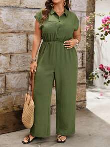 EMERY ROSE Women's Spring/Summer Lapel Button Waist Casual Wide Leg Jumpsuit, Suitable For Office, Cafe, Weekend Market Women Vacation Outfit Sets Women Casual Outfits Green Sage Green Women S Summer Outfits Women Outfits Sets - Army Green - View 6