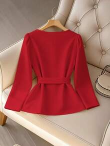 GlowEve CURVE Rhinestone Embellished Square Collar Cute Bow Plus Size Blouse - Red - View 2