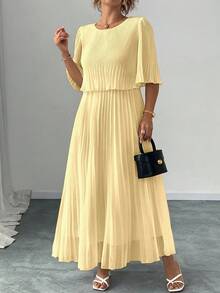 Elenzga 大码纯色优雅淑女雪纺褶皱连衣裙，春夏款 - 淡黃色 - 查看 5