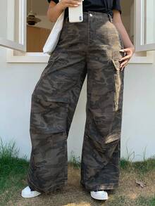 Dazy Plus Camo Print Loose Wide Leg Long Casual Jeans, Street Style, All Season - Army Green - View 5