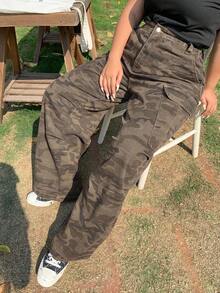 Dazy Plus Camo Print Loose Wide Leg Long Casual Jeans, Street Style, All Season - Army Green - View 6