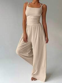 SHEIN Tall 女士休闲褶皱宽松直筒连体裤，春夏款 - 杏色 - 查看 7