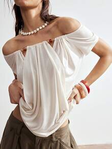 Bohemela Camiseta de mujer color crema blanco de verano estilo boho elegante para vacaciones, con hombros descubiertos, de punto con volantes romanos y detalles de cuentas, top de dos vías, casual y cómodo para la playa - Albaricoque - Ver 1
