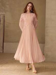 MOTF PREMIUM ROBE LONGUE ÉLÉGANTE ET ROMANTIQUE POUR FEMMES, PATCHWORK EN DENTELLE ET PLISSÉE, PRINTEMPS/ÉTÉ - Vieux Rose - Voir 4