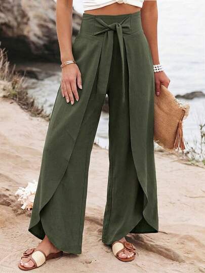 Breezaya Pantalones anchos de pierna dividida de diseño de moda para uso diario, vacaciones de verano y uso casual elegante de unicolor para mujer