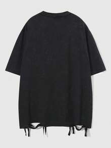 ROMWE MEN Áo thun nam tay ngắn cổ tròn in chữ và hình chữ thập, kiểu dáng thường ngày, đa năng. - màu đen - Xem 2