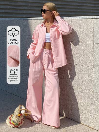 DAZY Women's Collared Loose Shirt And Straight-Leg Pants Casual Denim Set, Elegant And Girly Pink Aesthetic