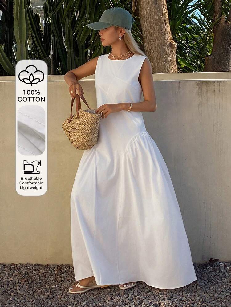 Women's Round Neck Sleeveless Split Design Waist Cinched Dress, Vacation Style Sundress Summer