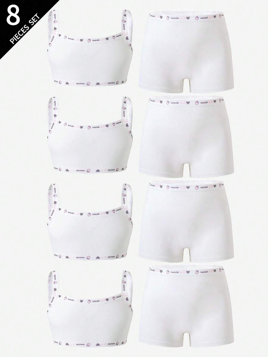 4pcs/Set Girls' Cotton Solid Color Minimalist Camisole & Boyshort Underwear Set - White - View 1