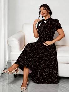 Elenzga Vestido de fiesta elegante con efecto de cintura para mujer de talla grande con lunares - Negro - Ver 6