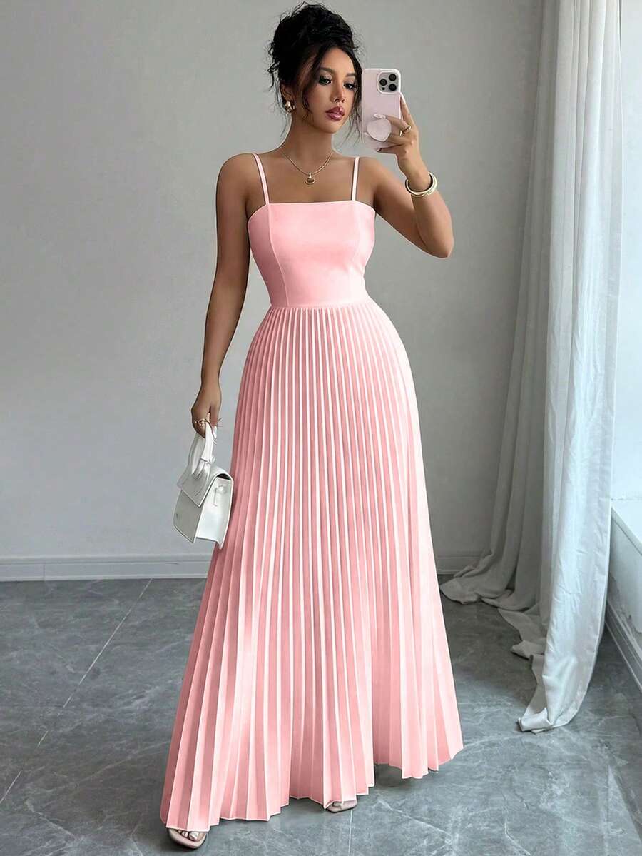 Elenzga Women's Solid Color Pleated Elegant Waist Cinched Long Strap Dress, Suitable For Dates And Parties - Pink - View 1