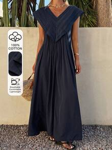 Livesso Đầm midi màu trơn, thanh lịch, phối ren, thích hợp cho kỳ nghỉ hè, dự tiệc, du lịch, thích hợp cho mùa hè. - Màu xanh hải quân - Xem 1