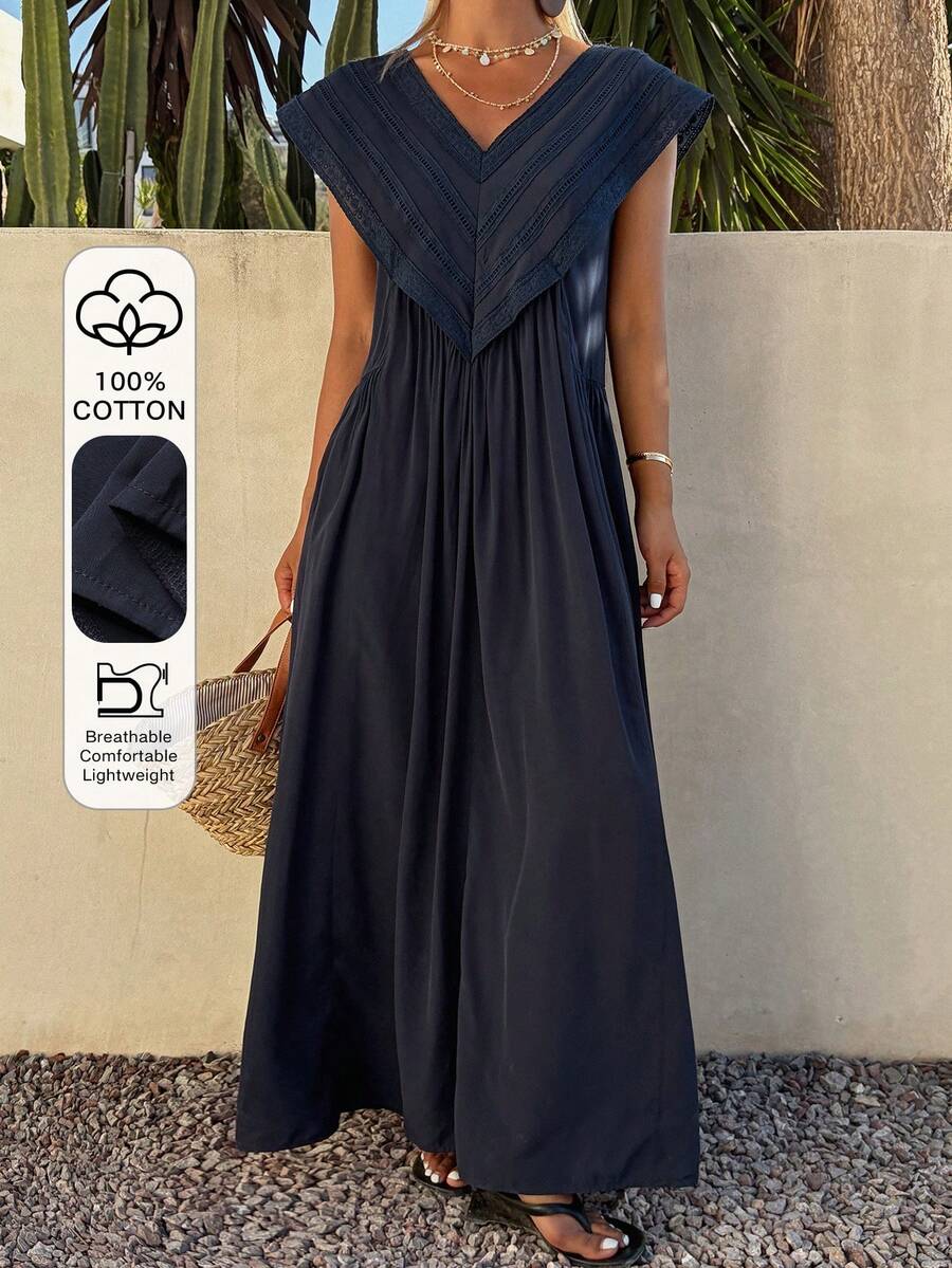 Livesso Đầm midi màu trơn, thanh lịch, phối ren, thích hợp cho kỳ nghỉ hè, dự tiệc, du lịch, thích hợp cho mùa hè. - Màu xanh hải quân - Xem 1