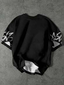 SHEIN 青少年男童休闲运动街头风宽松字母印花圆领短袖T恤，Y2K风格，黑色，基础款上衣，适合春夏、外出、情人节、约会、旅行、度假、家庭聚会、返校、婚礼、晚宴、运动等场合。 - 黑色 - 查看 2