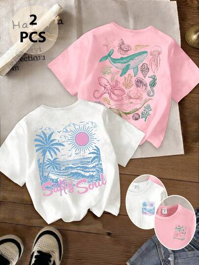 两件套少女休闲上衣，春夏秋季，时尚创意个性清新可爱简约棕榈树、波浪、太阳、蝴蝶结、海洋生物鲸鱼、水母、章鱼、海马、海星、贝壳、珊瑚印花字母图案T恤套装，粉白配色，舒适日常穿着，适合少女春夏休闲穿搭