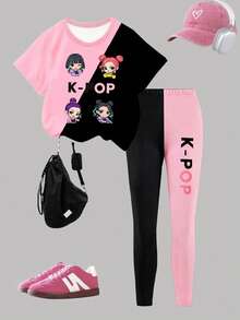 2件套少女K-POP卡通女孩头像撞色黑粉T恤和配套长裤套装，舒适针织套装，适合女孩，可作为节日礼物、休闲外出和日常穿着。 - 粉色 - 查看 4
