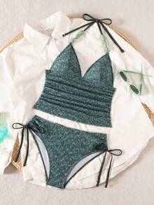 Swim Vcay 2026 New Women's Summer Beach Vacation Green Textured Halter Tankini Set Beaded Swimwear With Drawstring Side,2 Piece Swimwear, Vacation Swimsuits Woman - Blue - View 3