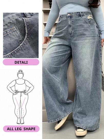 Dazy Plus 加大码做旧洗水阔腿男友牛仔裤、宽松牛仔裤