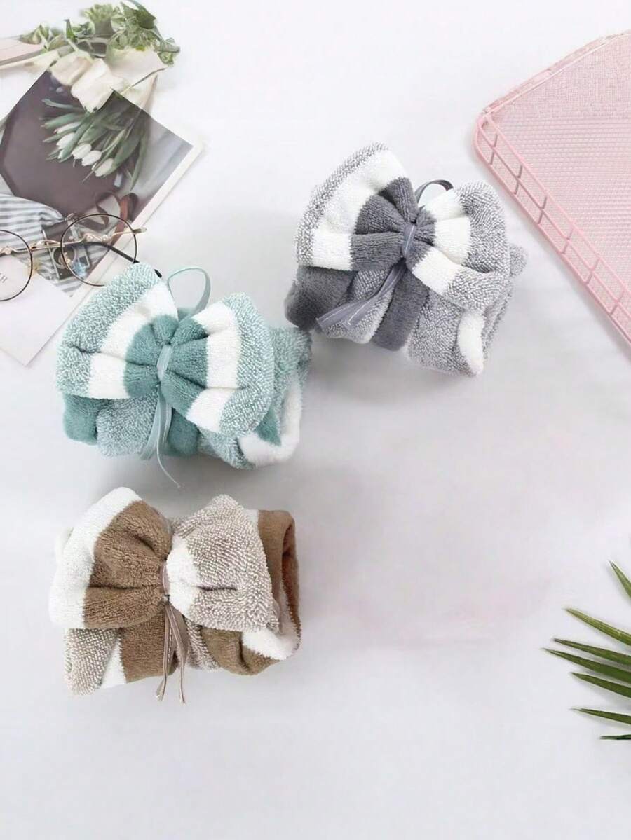 3pcs/Pack Coral Fleece Creative Striped Bow Soft Absorbent Hand Towels With Hanging Loop Dish Cloths Kitchen Towel - Multicolor - View 1