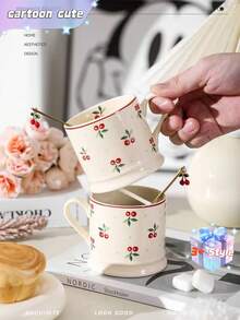 Cốc sứ kiểu Hàn Quốc hình quả anh đào, cốc cà phê hoạt hình dễ thương chất lượng cao, dùng trong gia đình kèm thìa, cốc ăn sáng, cốc sữa, 1 chiếc. - Nhiều màu - Xem 2