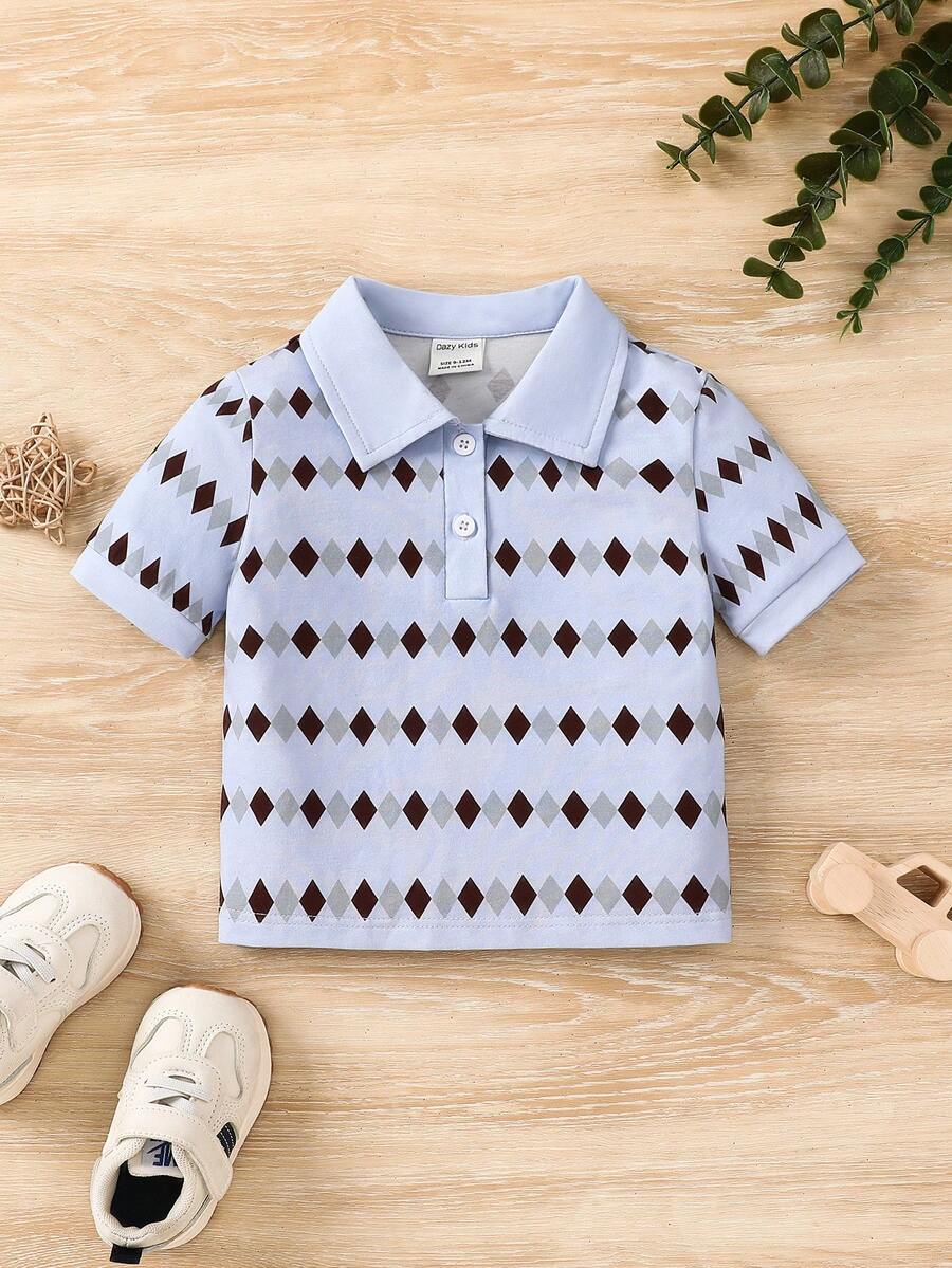 Baby Boy Soft Knit Polka Dot Collar Short Sleeve Pullover Top - Multicolor - View 1