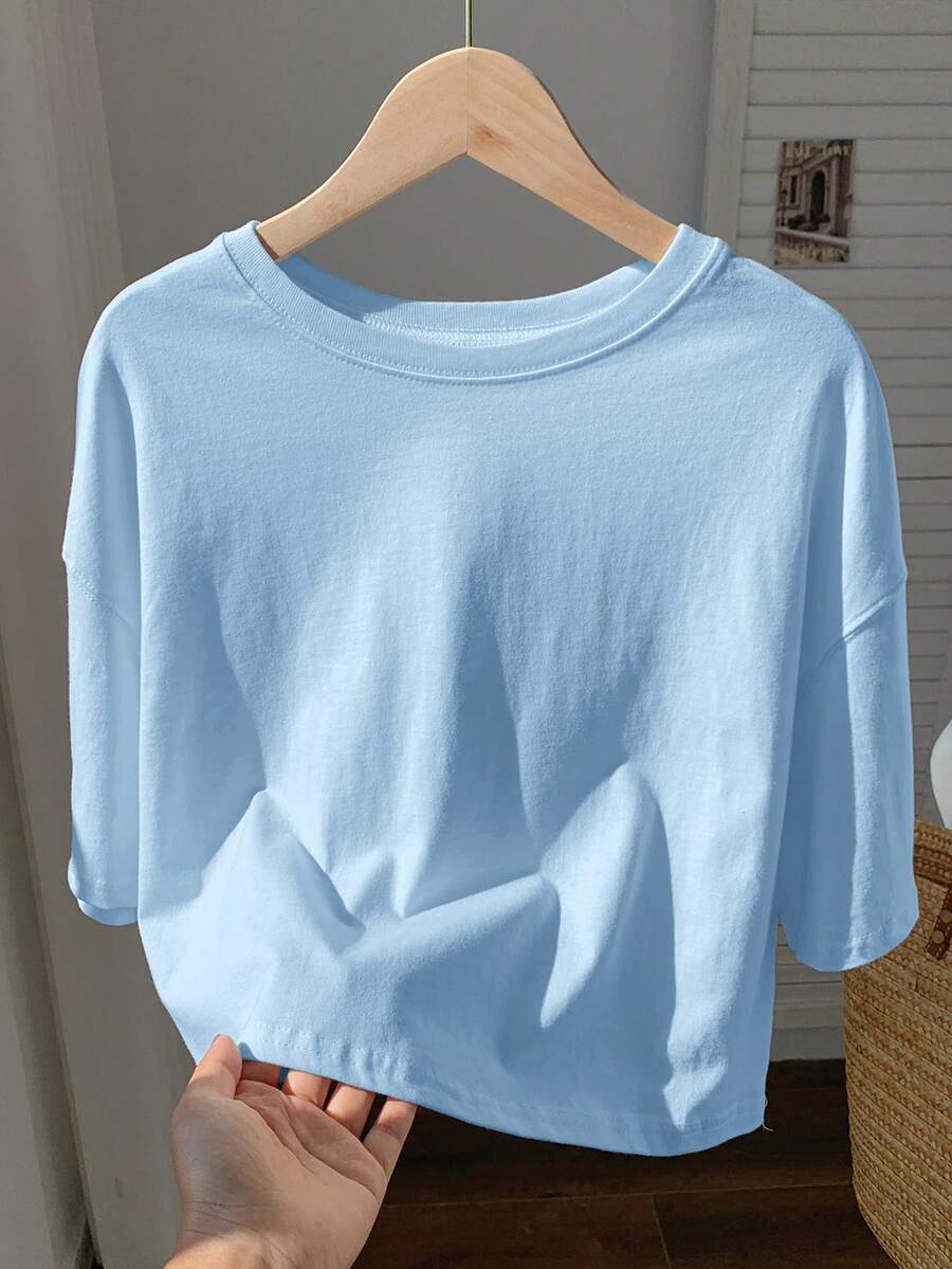 Comfortcana Áo thun nữ tay ngắn cổ tròn màu xanh nhạt, kiểu dáng thường ngày, thích hợp cho mùa hè. - Màu xanh nhạt - Xem 1