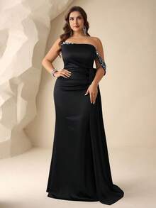 Coutiva 大码女式拼接仿珍珠装饰优雅正式晚礼服（缀饰繁复） - 黑色 - 查看 7