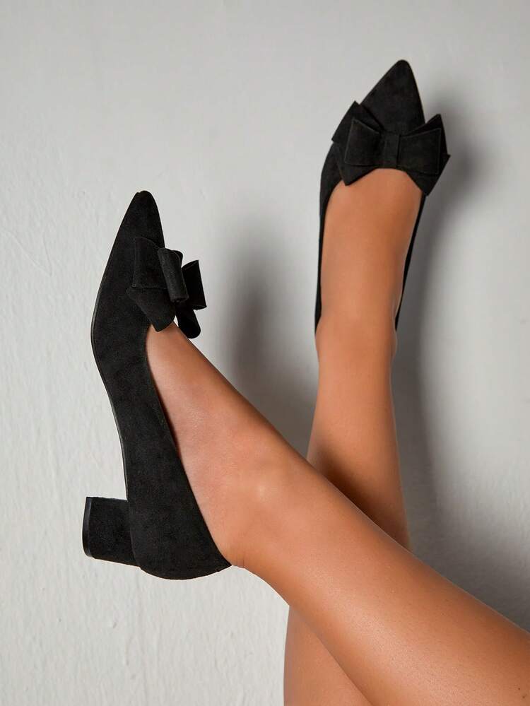 CUCCOO CHICEST Women Bow Decor Point Toe Chunky Heeled Pumps, Elegant Black Faux Suede Court Pumps For Summer Graduation Heels Prom Heels Vacation Shoes Summer Summer Shoes Summer Break Easter For Christmas Elegant Shoes Wedding Shoes Summer Shoes Bride Shoes