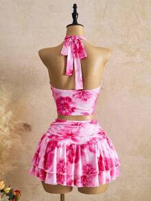 Femesol Bộ đồ du lịch 2 món dành cho nữ, gồm áo hai dây cổ yếm xếp ly in hoa và chân váy ngắn. - Hồng - Xem 2