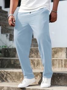 Manfinity Homme Pantalones casuales de talla grande para hombres, 100% algodón, con cordón en la cintura y bolsillos, de lino - Celeste - Ver 3