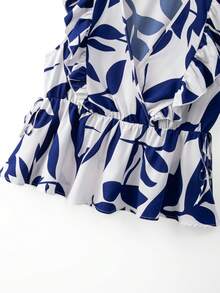 GlowEve CURVE Blouse à volants col V pour femmes grandes tailles, imprimé floral bleu et blanc vintage, ajustée, manches courtes, décontractée, convient pour les vacances, le travail et le port quotidien, été - Bleu et Blanc - Voir 6