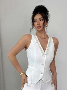 Modelyn Women's French Beaded V-Neck Vest, Stylish And Versatile For Daily, Commute, Date, And Vacation Wear - White - View 7