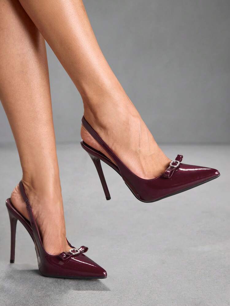 CUCCOO SZL Women Shoes Pointed Thin High Heel Burgundy Bow Diamond Buckle Slingback Women's High Heel Shoes Fashion Sexy Dinner Party Women's Shoes
