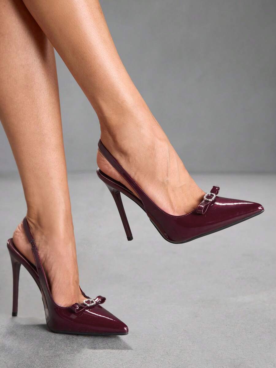 CUCCOO SZL Women Shoes Pointed Thin High Heel Burgundy Bow Diamond Buckle Slingback Women's High Heel Shoes Fashion Sexy Dinner Party Women's Shoes - 6688-55 Mirror burgundy 225 - View 1
