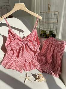 Comfortcana Red & White Plaid Camisole & Shorts Set, Plus Size - Red and White - View 2