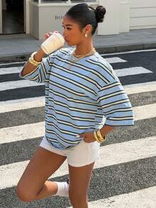 Muchica Women's Blue Striped Loose Short Sleeve T-Shirt, New Arrival For Summer - Blue - View 4