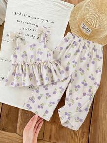 SHEIN Bộ đồ mùa hè dễ thương cho bé gái: áo hai dây họa tiết hoa nhí và quần cạp chun. - Nhiều màu - Xem 3