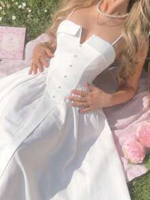 SHEIN MOD 女士纯色纽扣装饰休闲吊带长裙 - 白色 - 查看 3