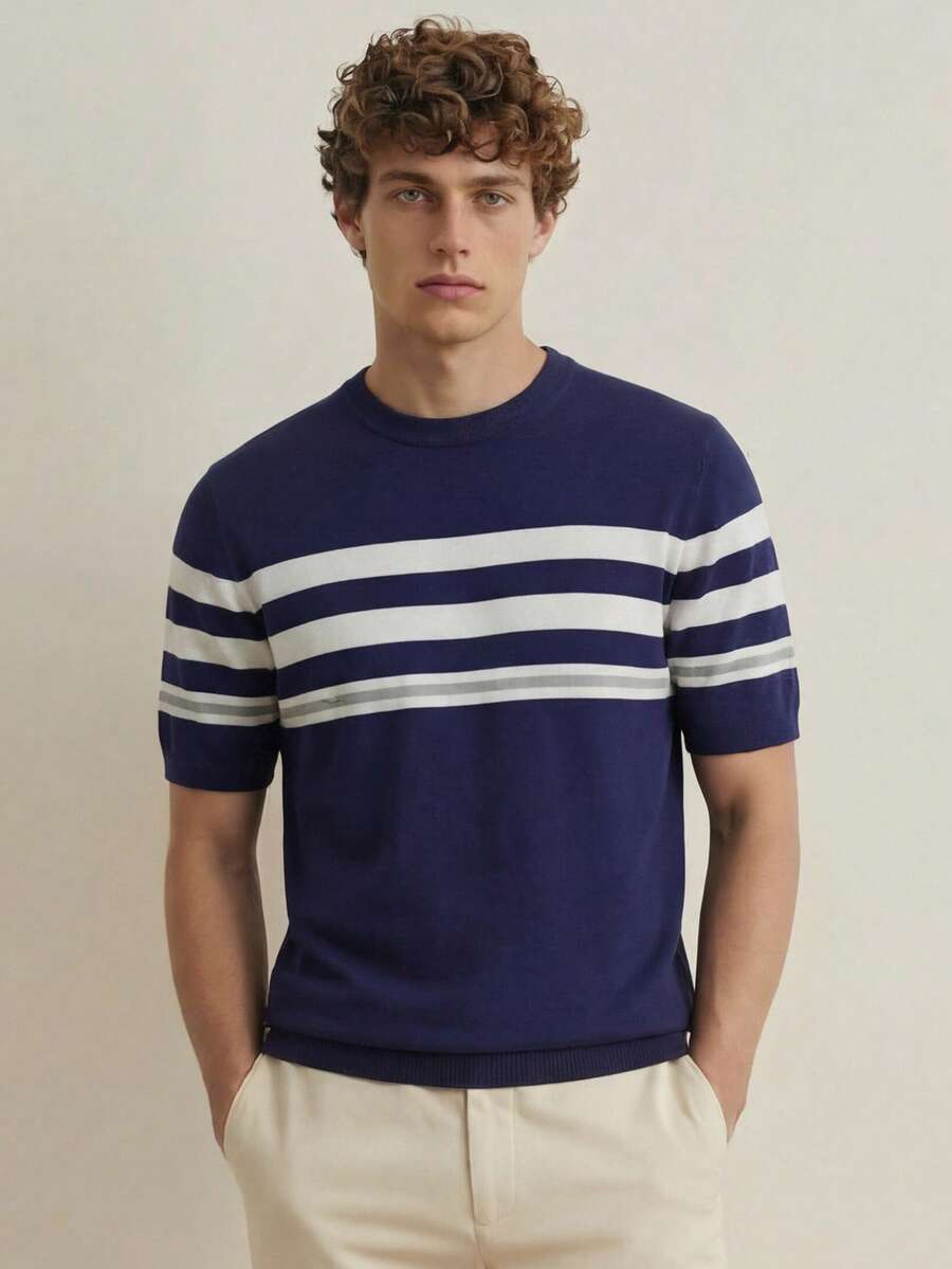 Manfinity CityGents 男士休闲通勤条纹圆领短袖针织衫 - 彩色 - 查看 1