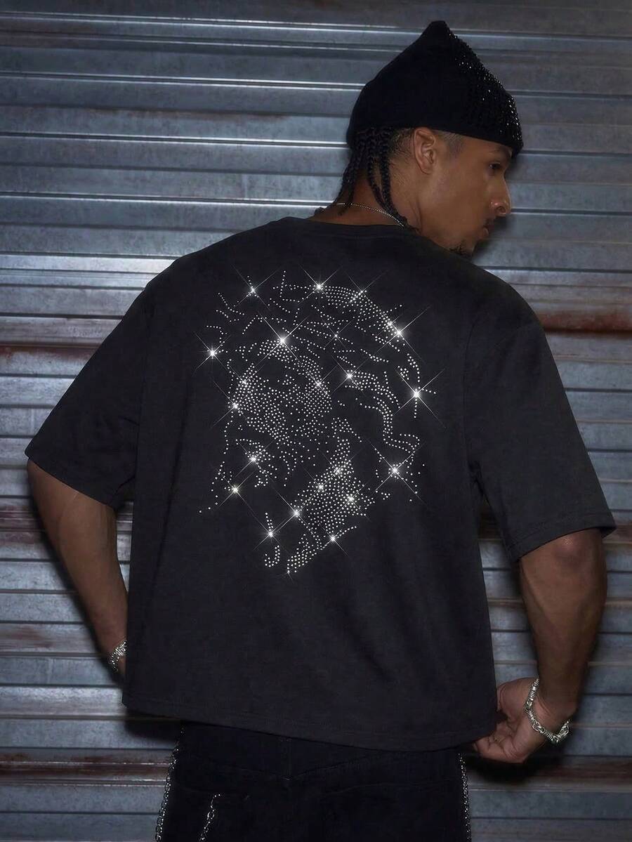 AXEPEAK Camiseta de manga corta con cuello redondo, casual y versátil, con incrustaciones de diamante de imitación para uso diario para hombres - Negro - Ver 1