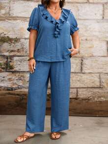 EMERY ROSE Bộ đồ nữ 2 mảnh gồm áo sơ mi ngắn tay cổ chữ V xếp ly và quần ống rộng, phong cách vintage thường ngày, phù hợp cho mua sắm cuối tuần, hẹn hò, đi quán cà phê hoặc mặc đi làm thư giãn. - Màu xanh lam - Xem 6