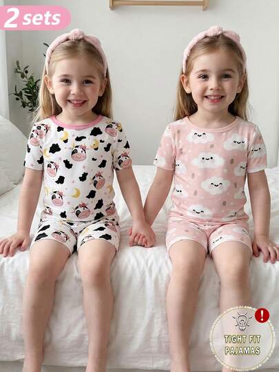 2pcs/Set Young Girl' Cartoon Cloud & Cow Print Knit Elastic Fabric Soft & Comfortable Cute Style Short Sleeve Top & Shorts Set