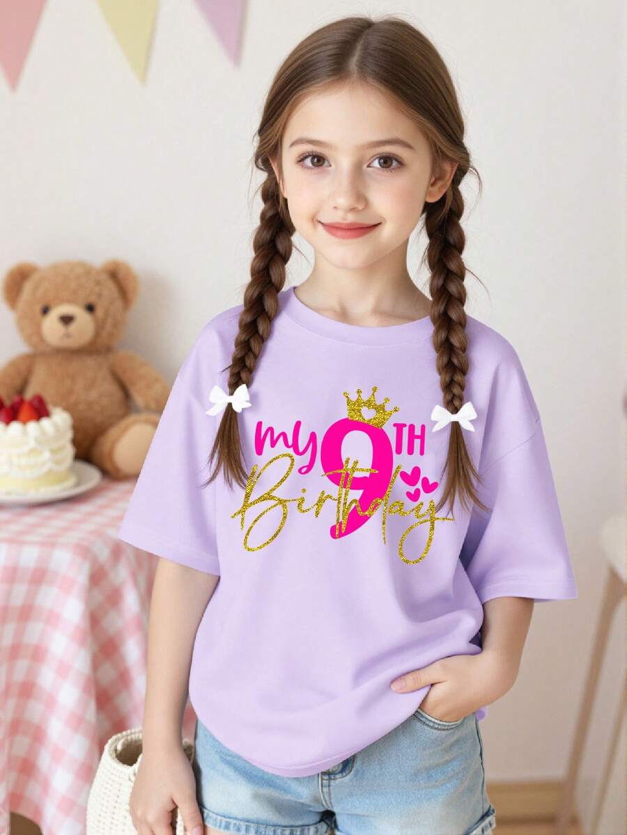 Summer & Autumn Casual Fashion Girl My 9th Birthday 3D Sequin Crown & Heart Print Round Neck Short Sleeve T-Shirt, 9 Years Old Birthday Theme Purple Tee, Casual Round Neck Top, Minimalist Big Girl Purple Birthday Party T-Shirt - Purple - View 1