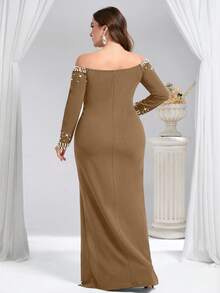 Coutiva Plus Size Beaded Off-Shoulder High Slit Formal Evening Gown - Khaki - View 2