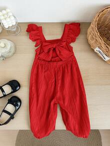 SHEIN LMoss Kids Babygirl Cute Summer Versatile Apricot Textured Romper - Red - View 3