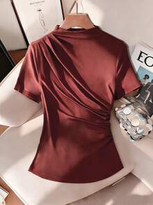 GlowEve Women's Fashion Mock Neck Ruched Short Sleeve Fitted Romantic Elegant Casual Commute Date Party Dinner T-Shirt, Spring/Summer - Brown - View 1