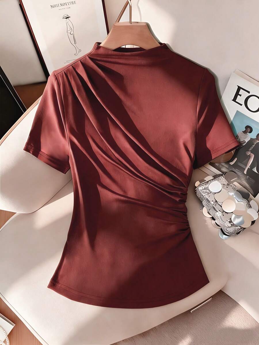 GlowEve Women's Fashion Mock Neck Ruched Short Sleeve Fitted Romantic Elegant Casual Commute Date Party Dinner T-Shirt, Spring/Summer - Brown - View 1