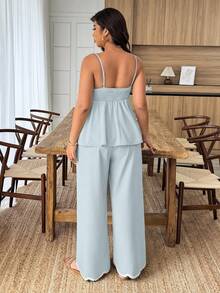 Weeklong Plus Size Women's 2 Pieces Wave Heart Ribbon Contrast Color Faux Linen Waist Casual Commuter Suit, Spring/Summer - Mint Green - View 2